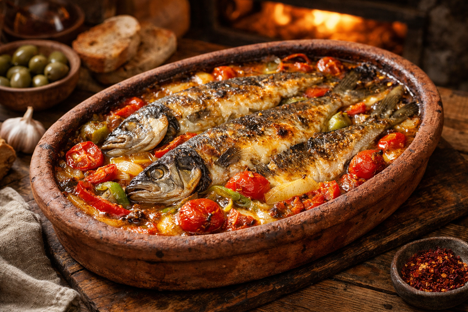 Fırında sebze yatağında balık