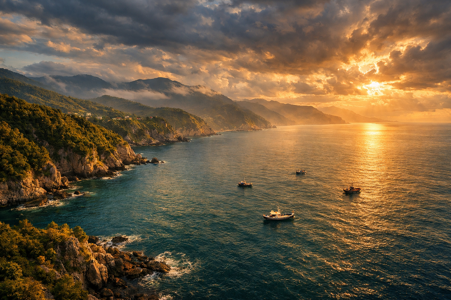 Karadeniz kıyısında sabah erken saatlerde balıkçı tekneleri